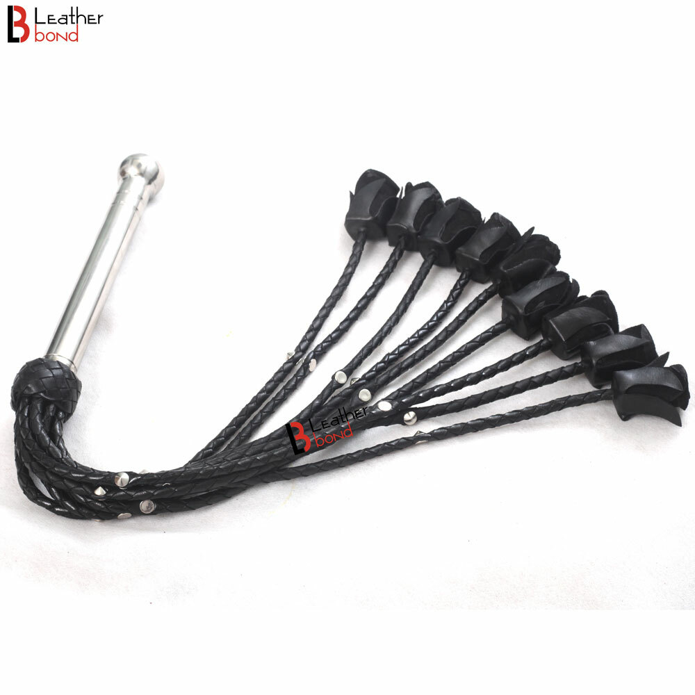 Rose Flogger Cowhide Leather 9 Braided Falls Heavy Black Roses & Steel Handle