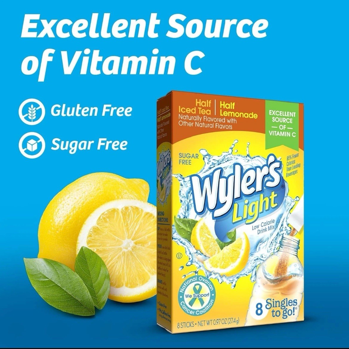 Refreshing Wyler's Light Drink Mix - 96 Servings, Half Iced Tea/Lemonade Flavor
