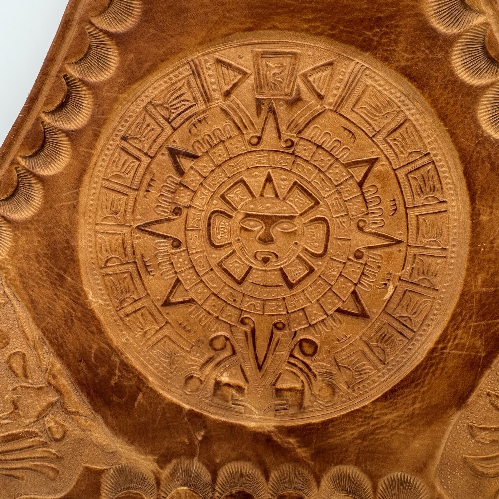 Vintage Hand Tooled Mexican Leather Aztec Calendar Tripod Saddle Stool Cover