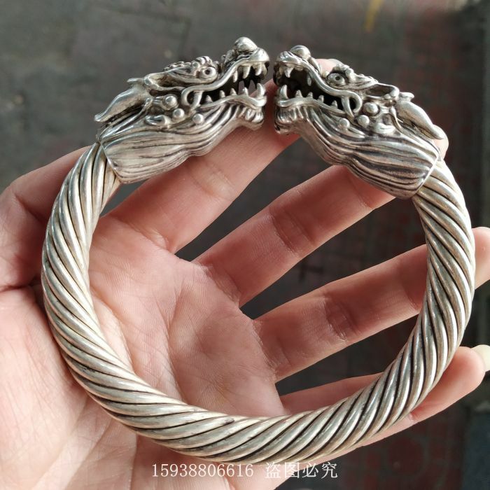 China old Tibetan silver Double headed Dragon Silver Bracelet Men's bracelet