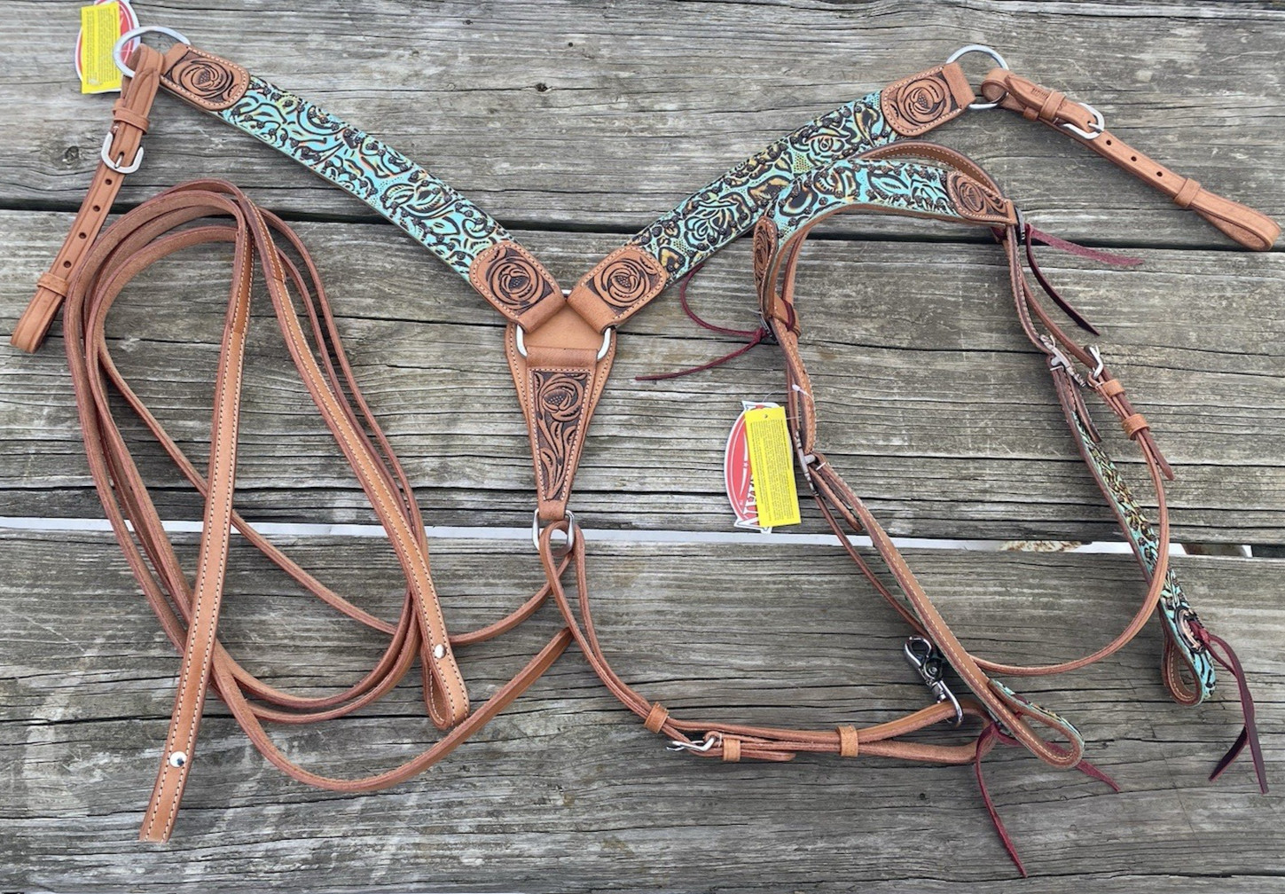 Teal Rustic Rose  Western headstall/breast collar set w/reins