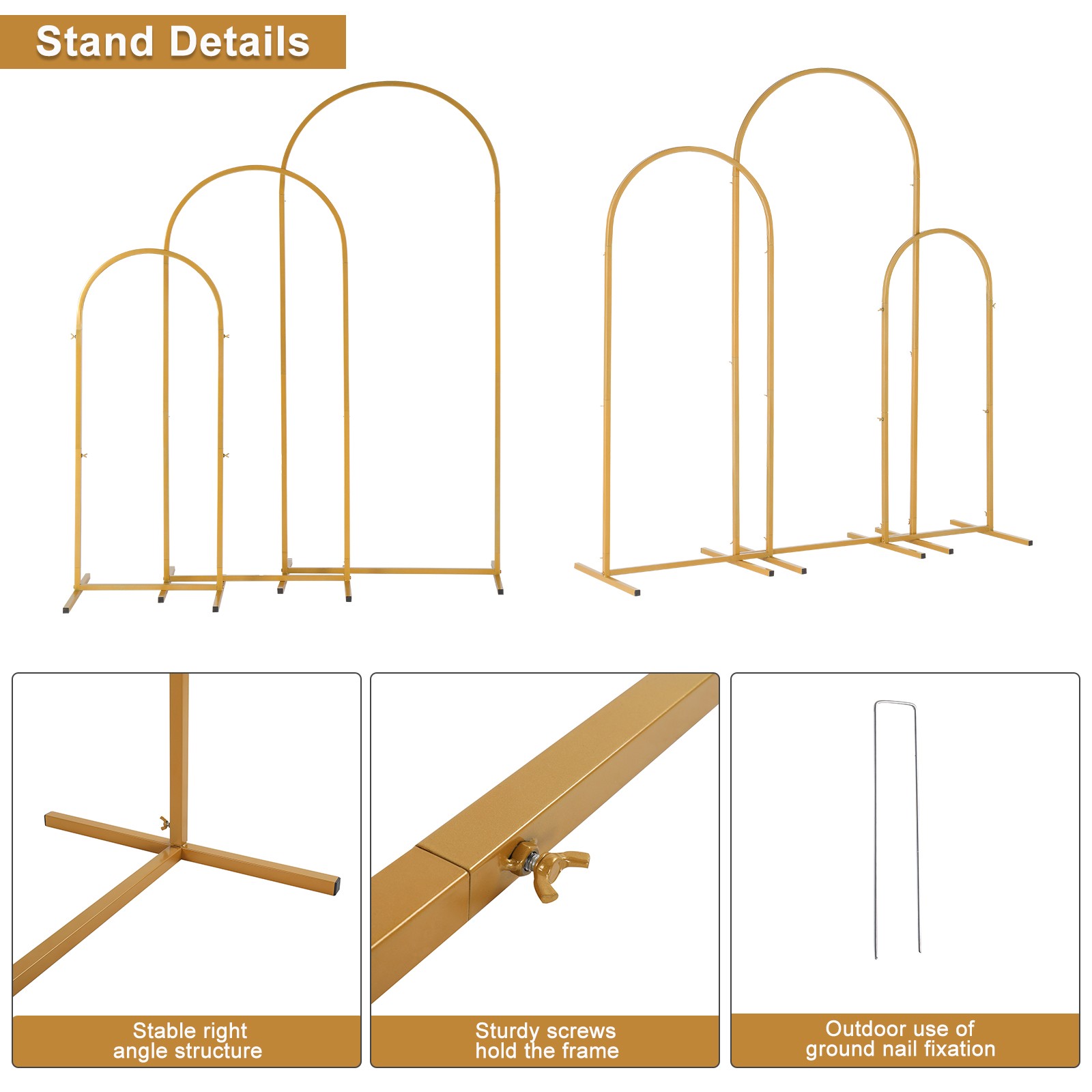 Set of 3 Metal Arch Frame Backdrop Stand Gold Wedding Arch Stand (4FT/5FT/6FT)