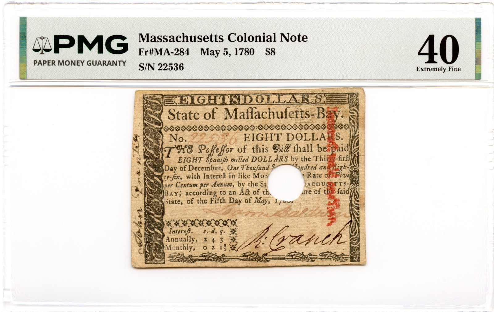 Massachusetts Colonial Note Fr#MA-284 May 5, 1780 $8 PMG XF-40 *Loammi Baldwin*