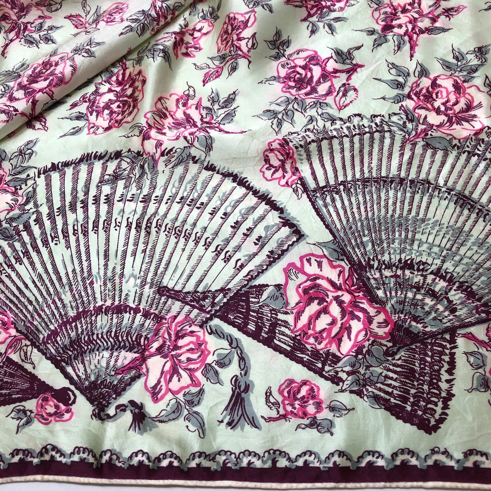 Vintage Silk Scarf Fans Flowers Satin Hand Rolled Green Pink Roses Square 33"