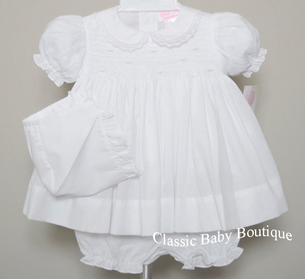 NWT Petit Ami White Smocked Lace 3P Dress Preemie Reborn Baby Girls Bonnet PRE