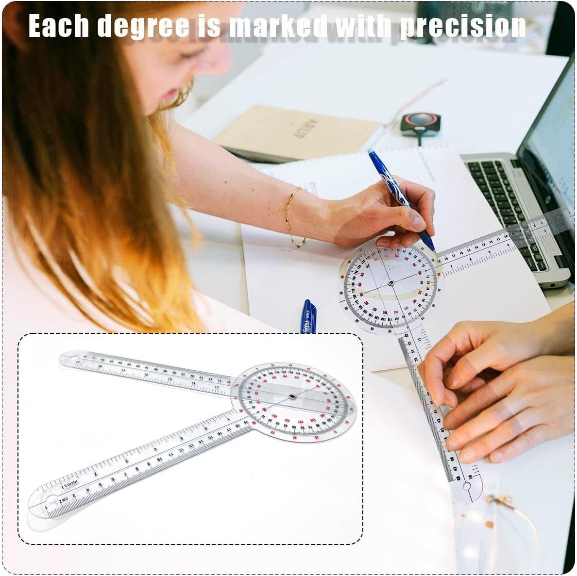 12 inch Transparent Orthopedic Angle Ruler Plastic Goniometer, 360 Degree Clear