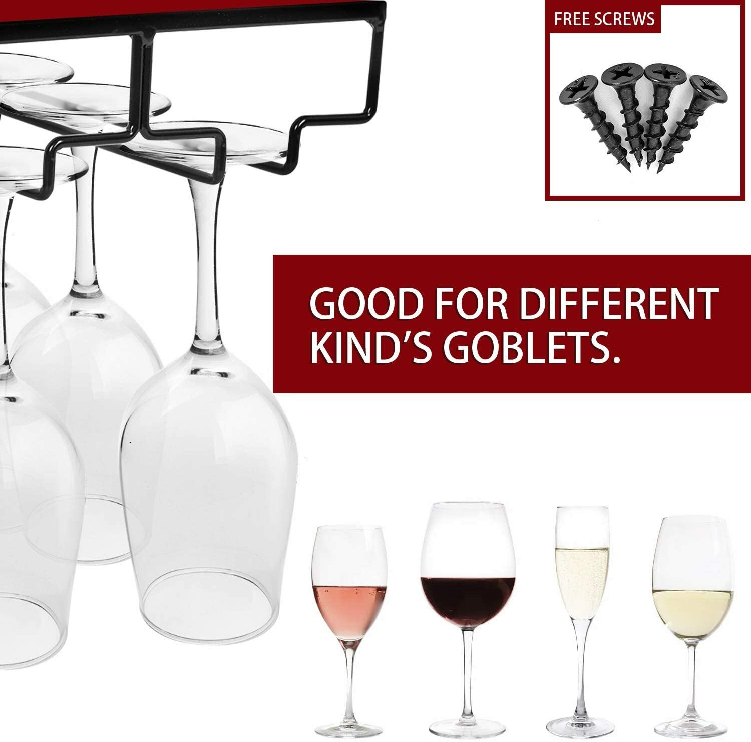 3 Rows Under Cabinet Stemware Wine Glass Holder Glasses for Bar Kitchen Black