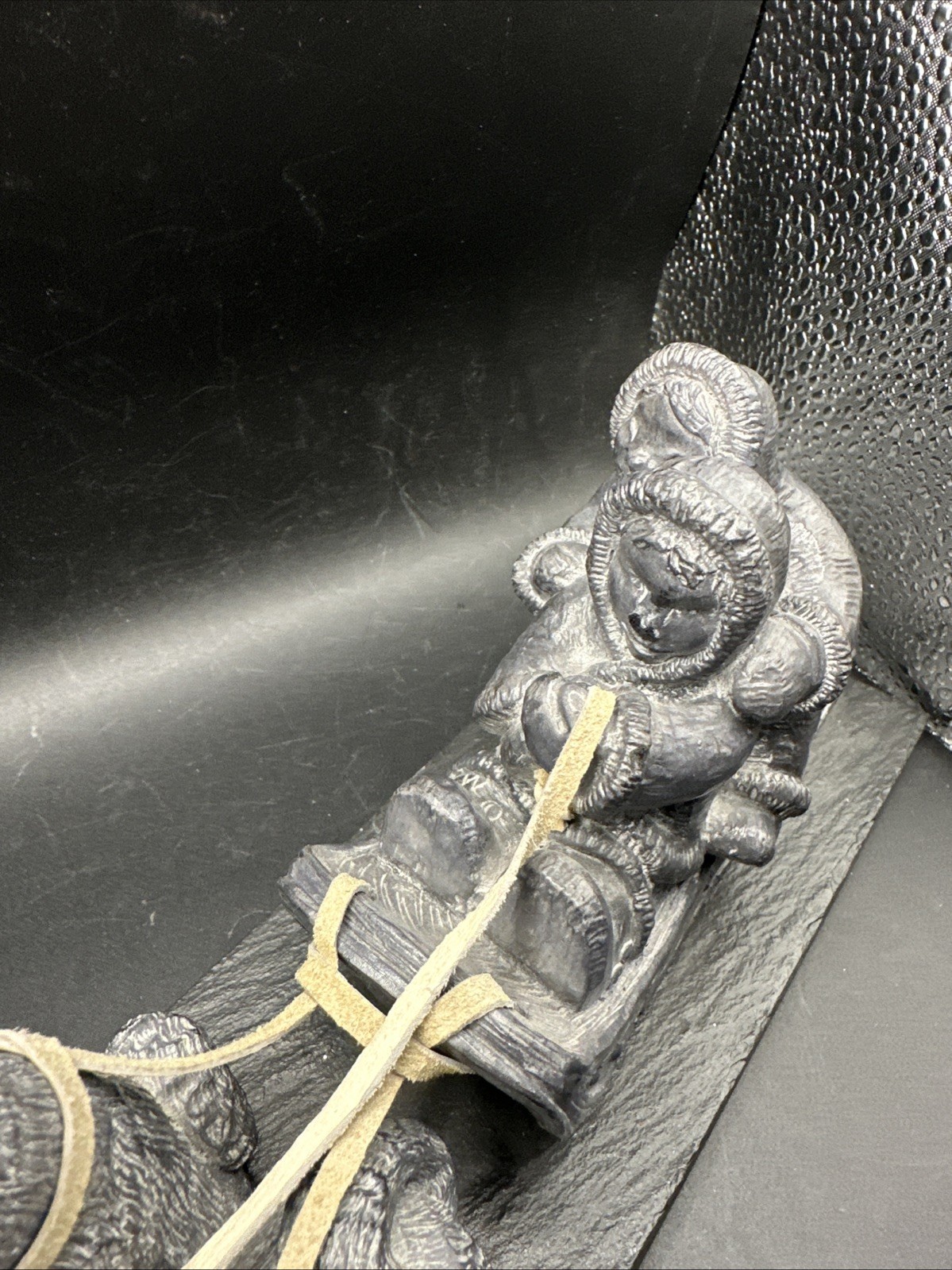 DAMAGED Carved Soapstone Sculpture Eskimo Inuit Dog Sled Slate Base