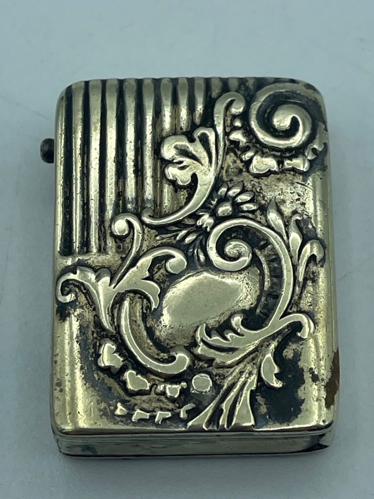 Antique Small Match Safe Vesta case silver plate Victorian ornate flip-open box