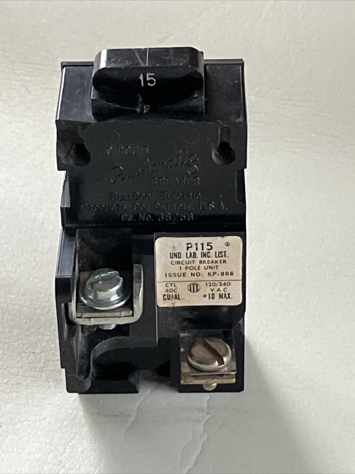 Bulldog P115, 15 Amp, 120 Volt, 1 Pole Pushmatic Circuit Breaker FREE SHIPPING!!