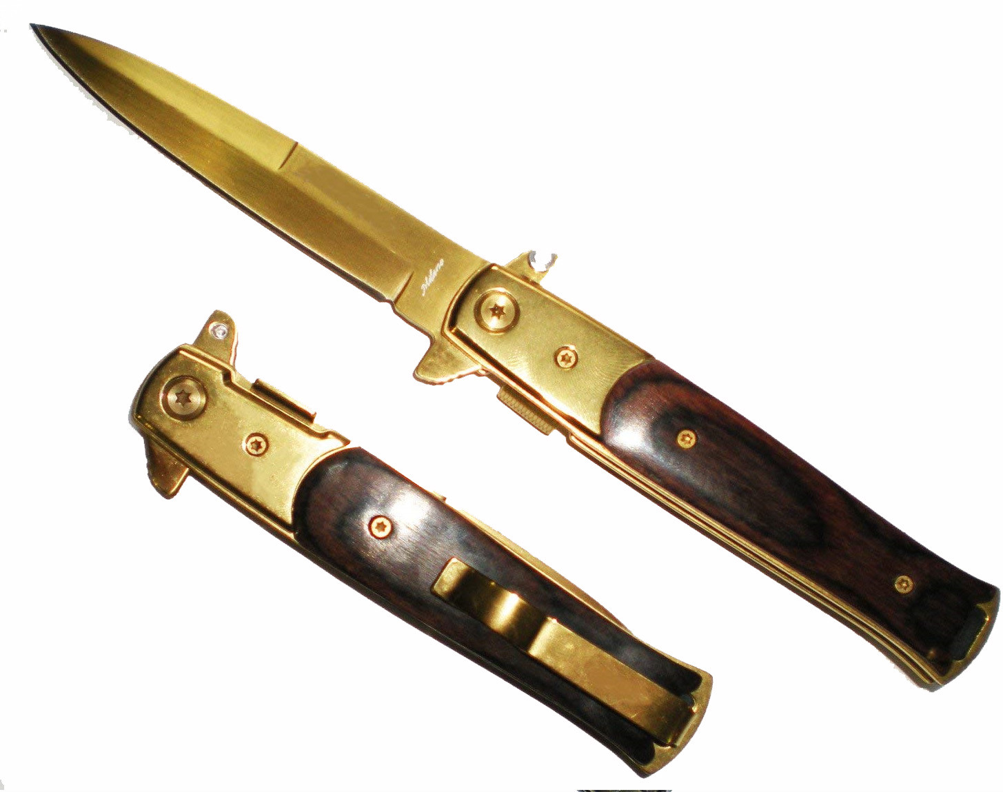 GOLD MILANO Stiletto Blade Wood Handle Assisted Open  KNIFE Switch Assisted FAST