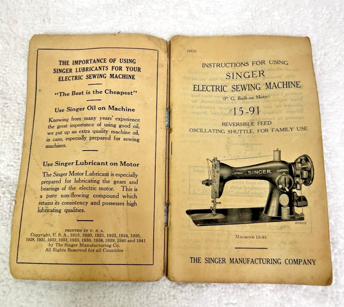 Singer Electric Sewing Machine Built on Motor 15-91 Instruction Booklet 1941