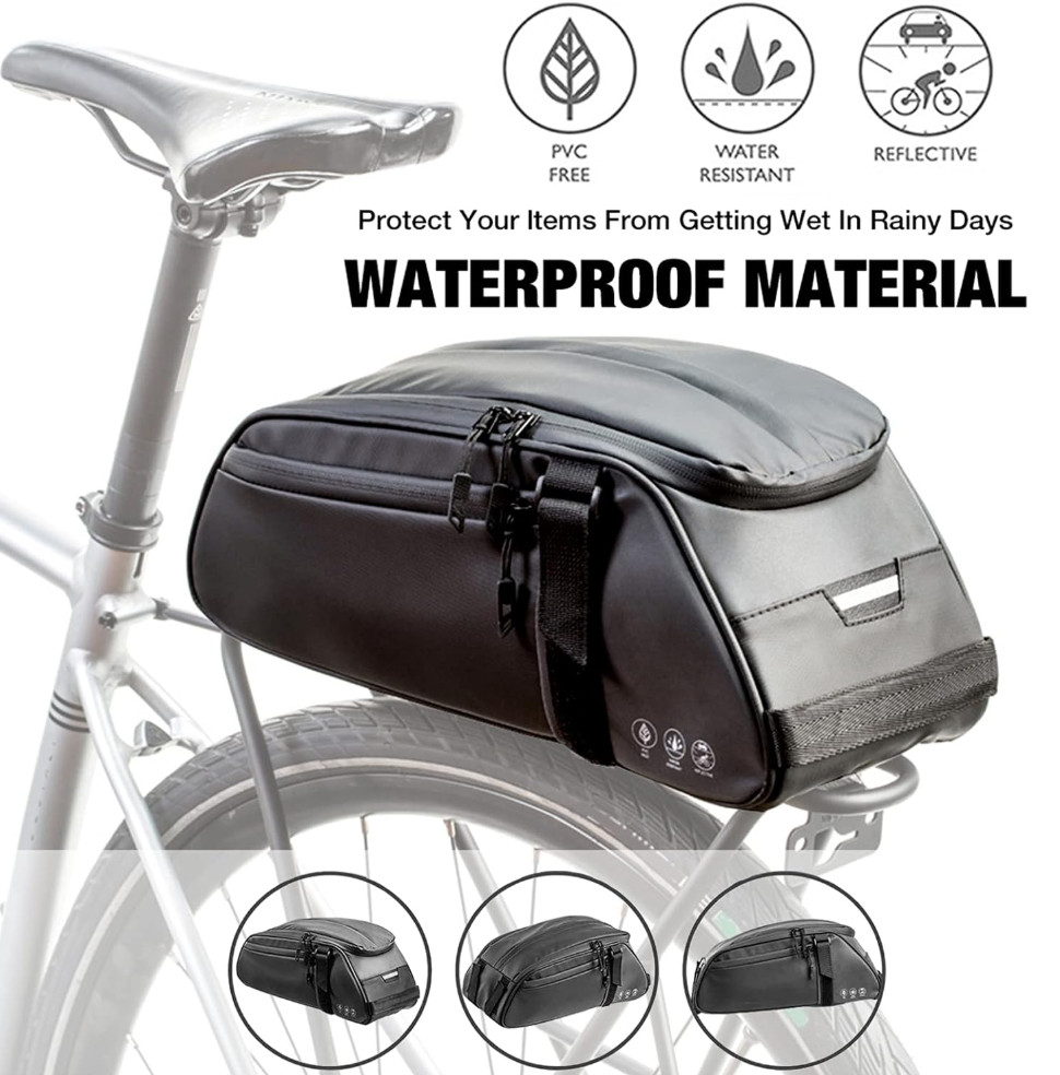 Bike Rear Bag Black Reflective Water Resistant 8L Storage Multipocketed w/Straps