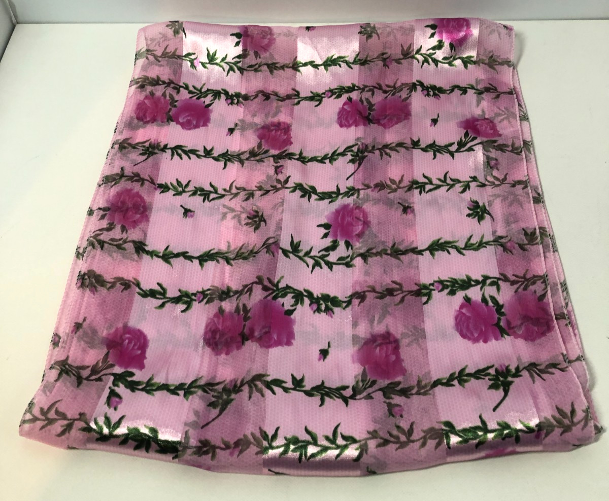 Vintage Pink and Green Scarf, Flower Design, Nylon/Polyester Blend, 57.5" x 12"