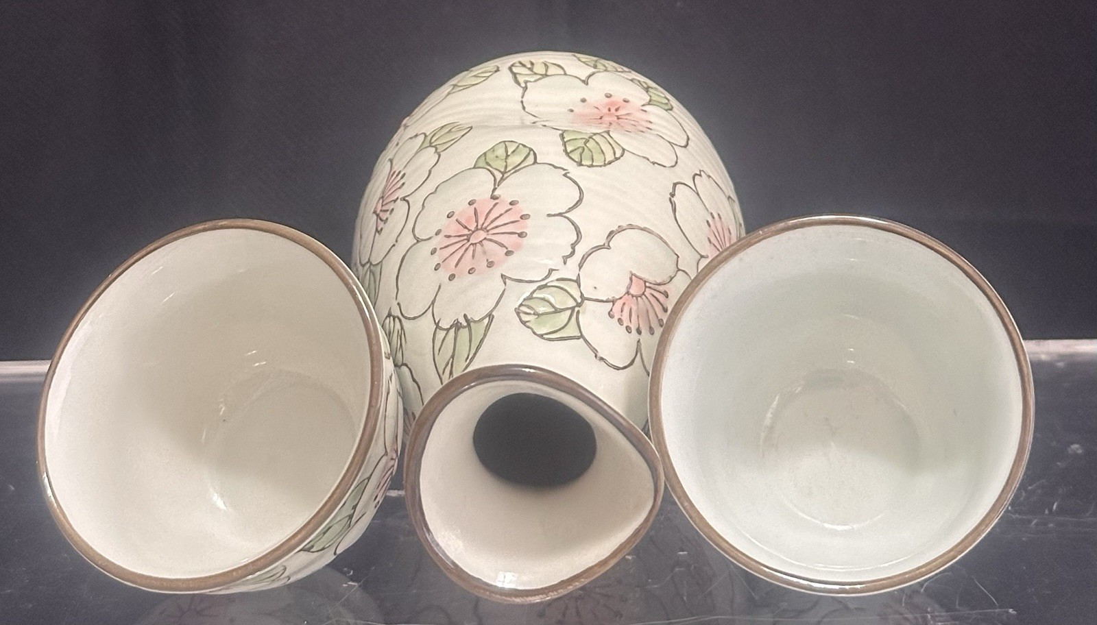 Japanese Ceramic Sake Set Hand Painted Cherry Blossom Motif