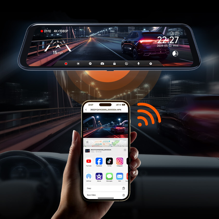 WOLFBOX 4K 12" Mirror Dash Cam Front and Rear Inside 5G WiFi Parking Monitoring