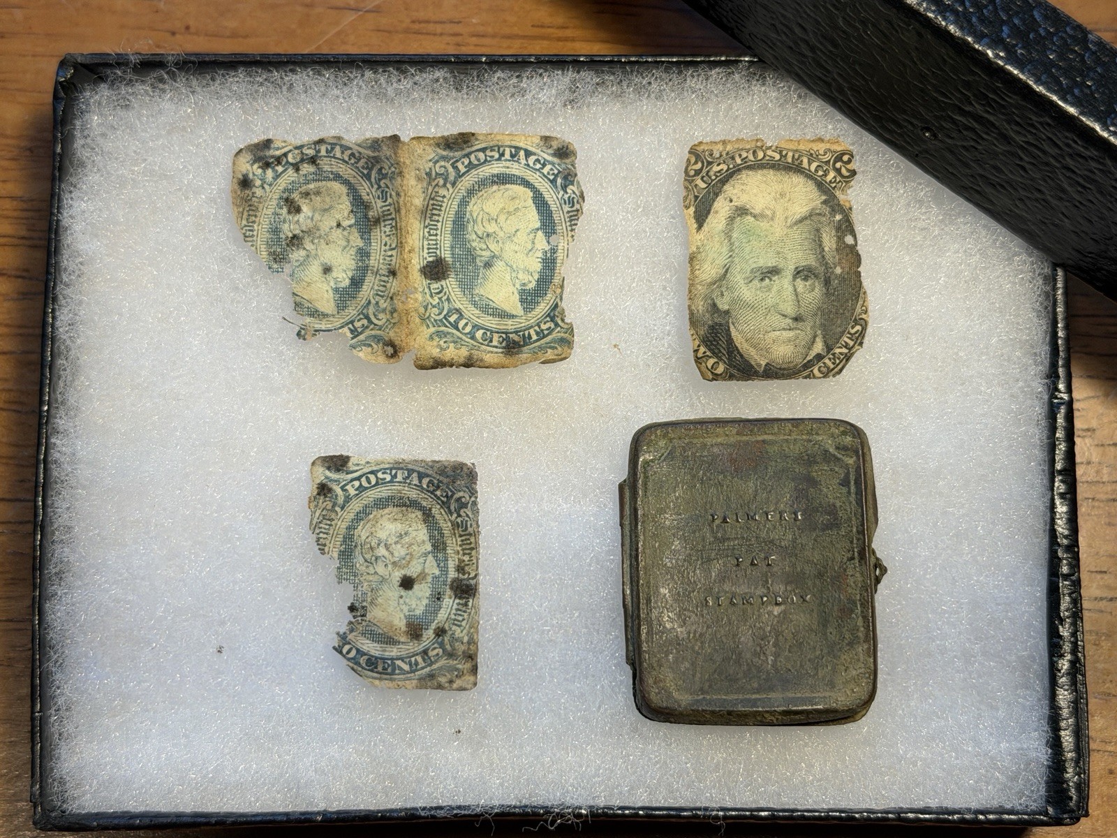 Rare Confederate Stamp Box w/ Stamps 1863 10c blue Scott & Green 2c - Richmond