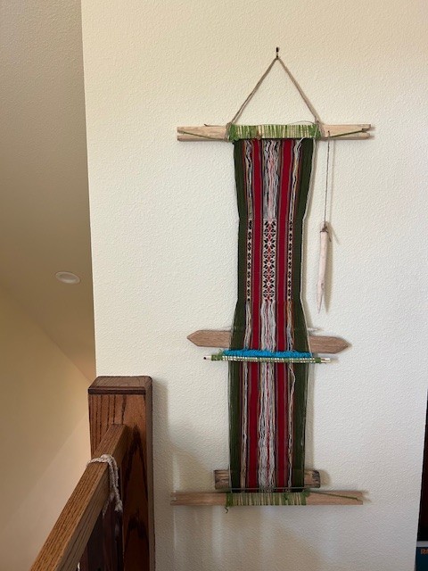 Vintage Peruvian textile, hanging hand loom, hand woven traditional design
