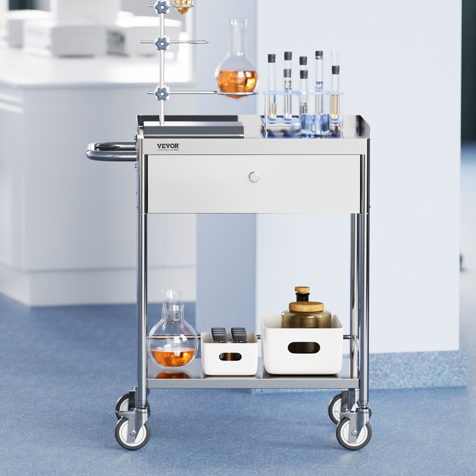 VEVOR 2-Tier Medical Trolley Steel Cart Mobile Lab Utility Cart with A Drawer