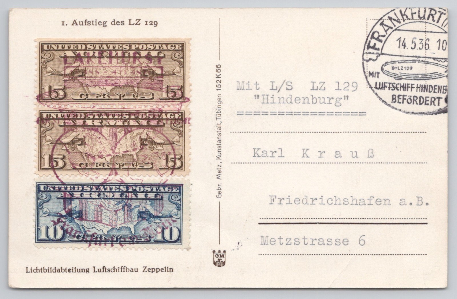 1936 Hindenburg LZ129 First Return Flight RPPC Postcard Lakehurst to Frankfurt