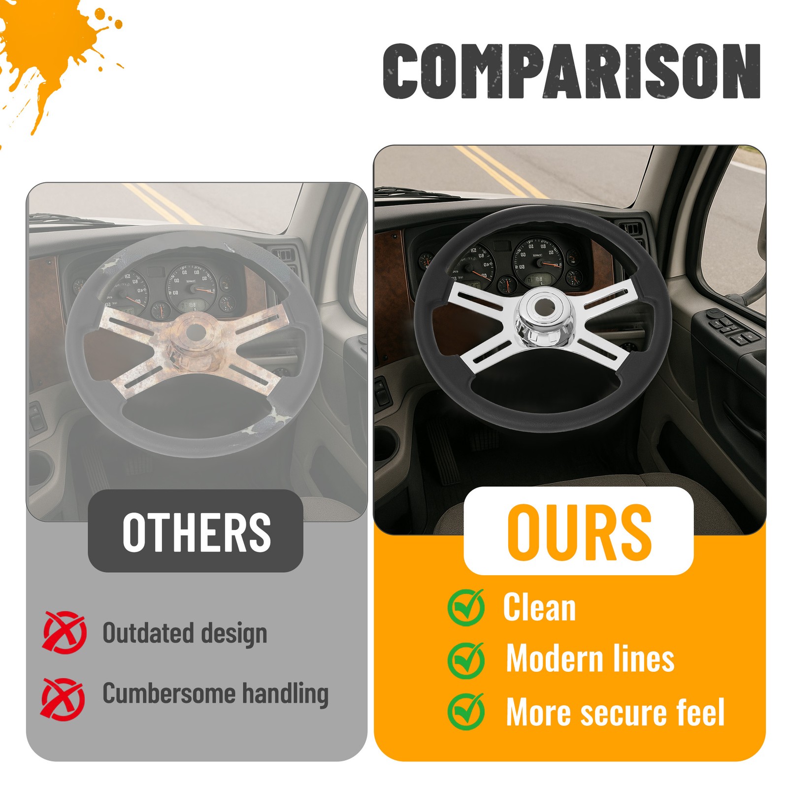 4 Spoke Steering Wheel 18" Black For Freightliner/ Kenworth/ Peterbilt/ Volvo