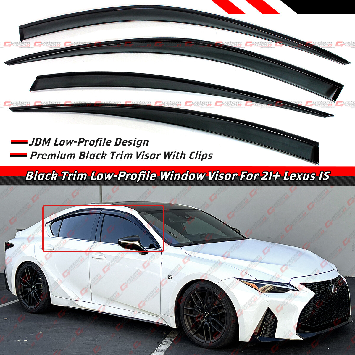 FOR 21-25 LEXUS IS300 IS350 PREMIUM BLACK TRIM WINDOW VISOR RAIN GUARD W/ CLIPS