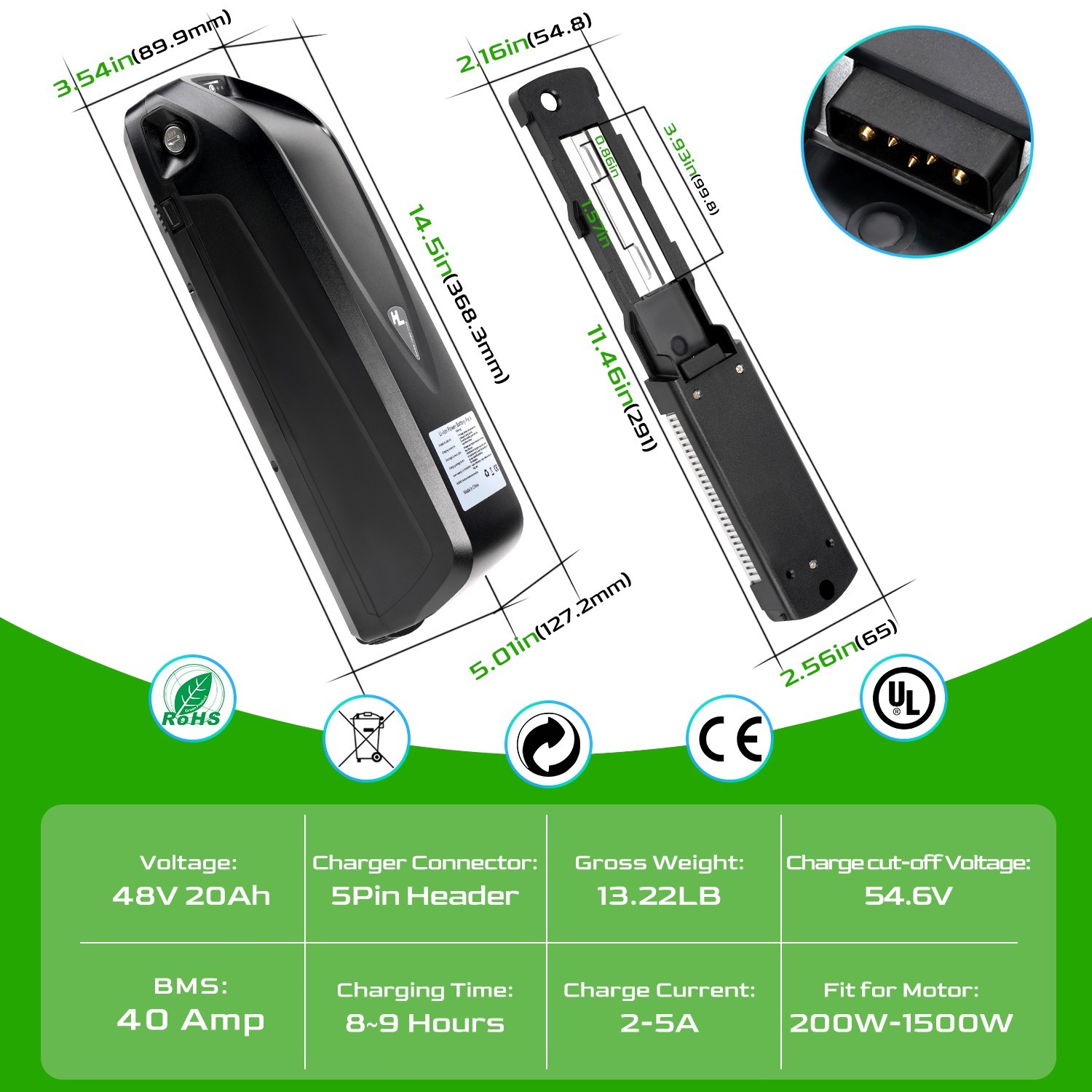 48V 20Ah Hailong Ebike Battery for 200W-1500W Electric Bike Lithium Battery 5PIN