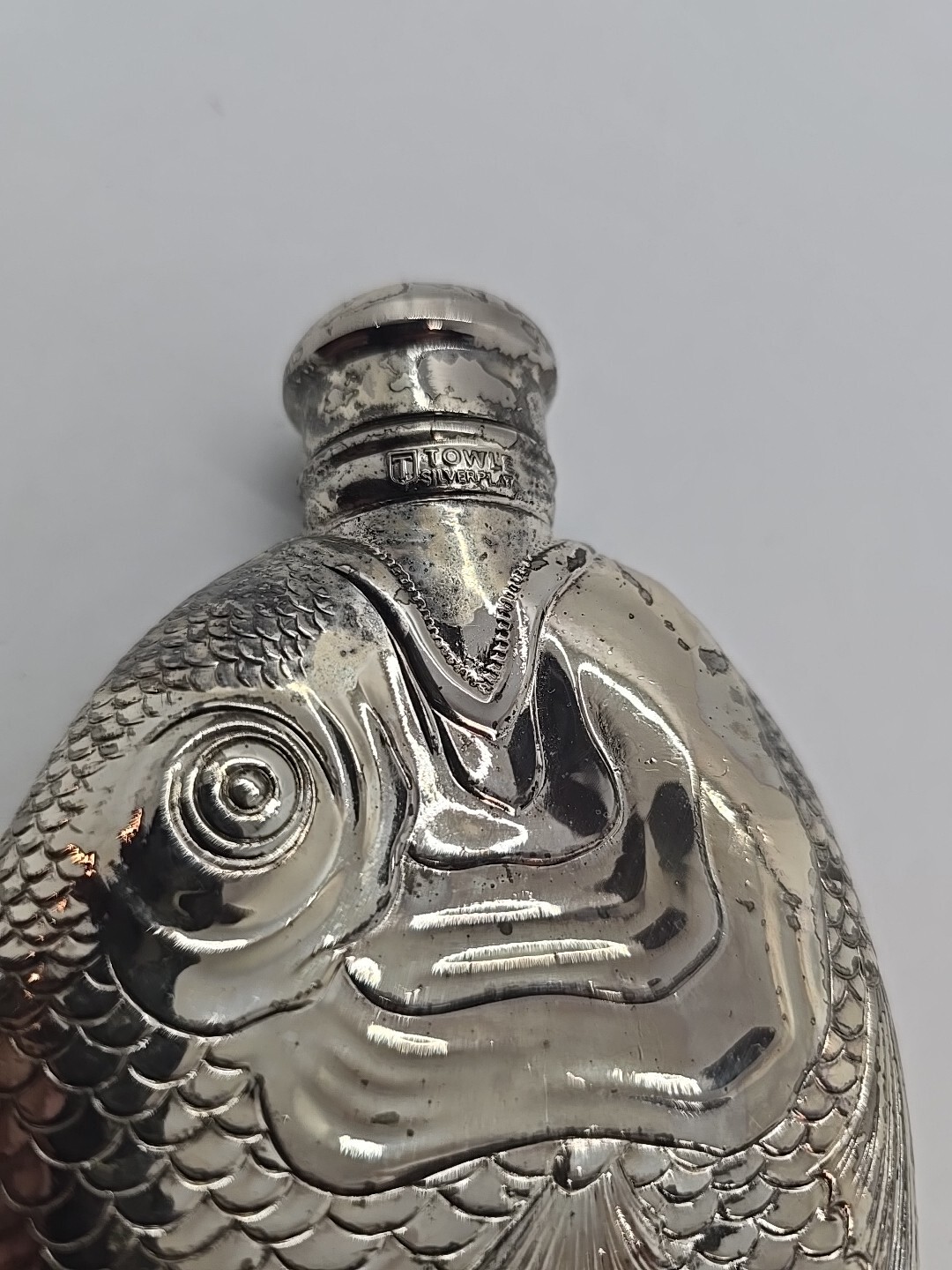 Vintage TOWLE Silverplate Fish Shaped Liquor Flask, 6"