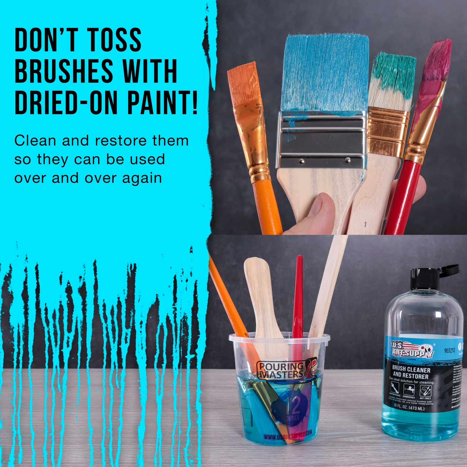 16oz Brush Cleaner, Restorer, Clean Dried Paint Brushes, Airbrushes, Acrylic Oil