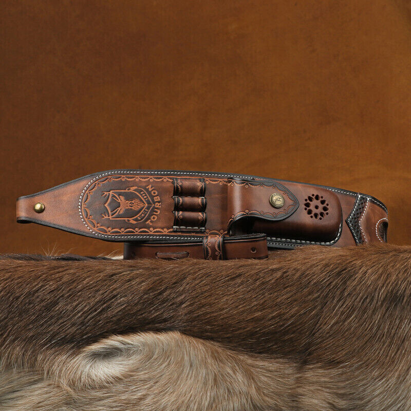 Tourbon Retro Leather Rifle Sling Gun Ammo Carrying Strap w/Knife Sheath Pocket