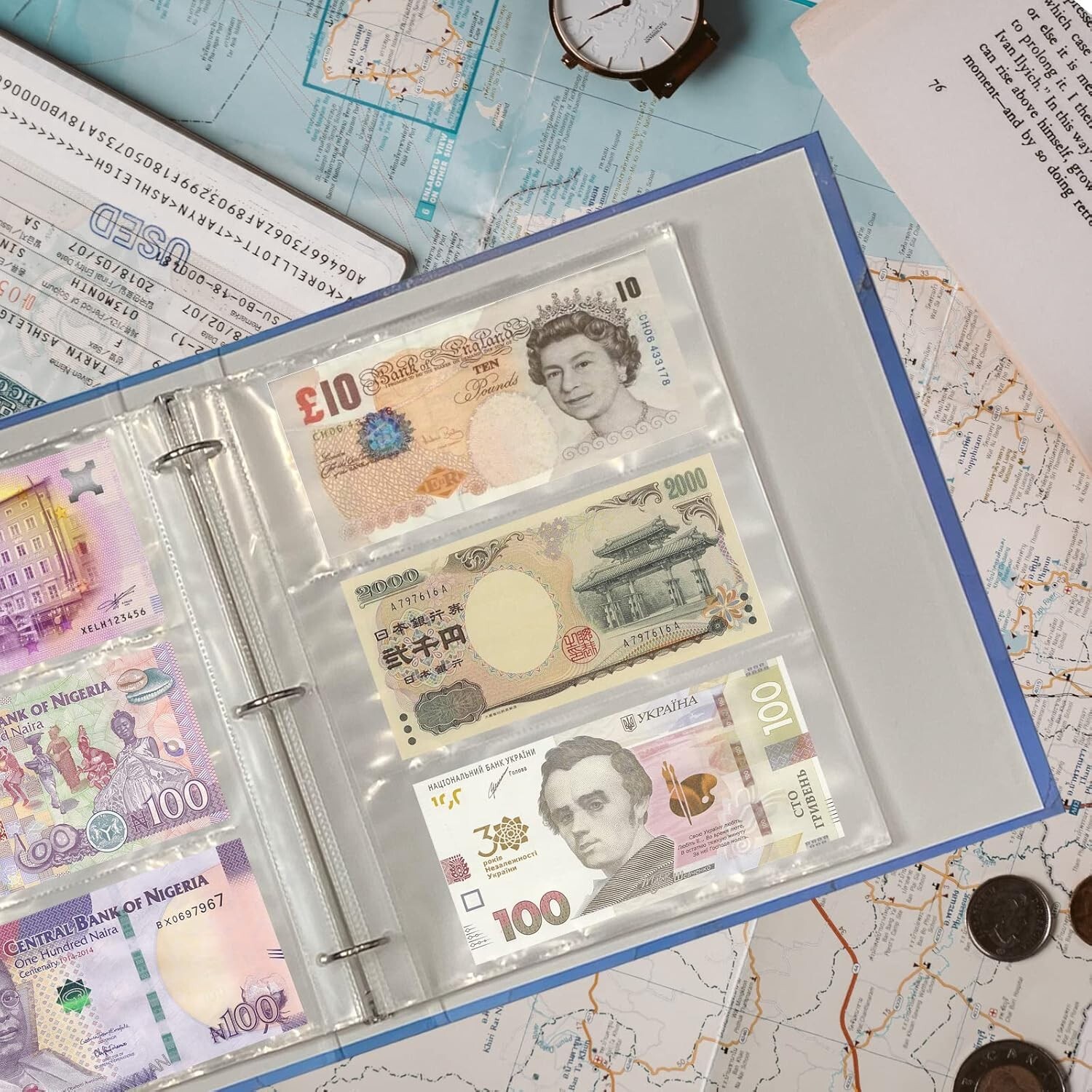 Currency Sleeves,50Pcs Page Protectors for 3 Ring Binder, 3-Pocket Banknote