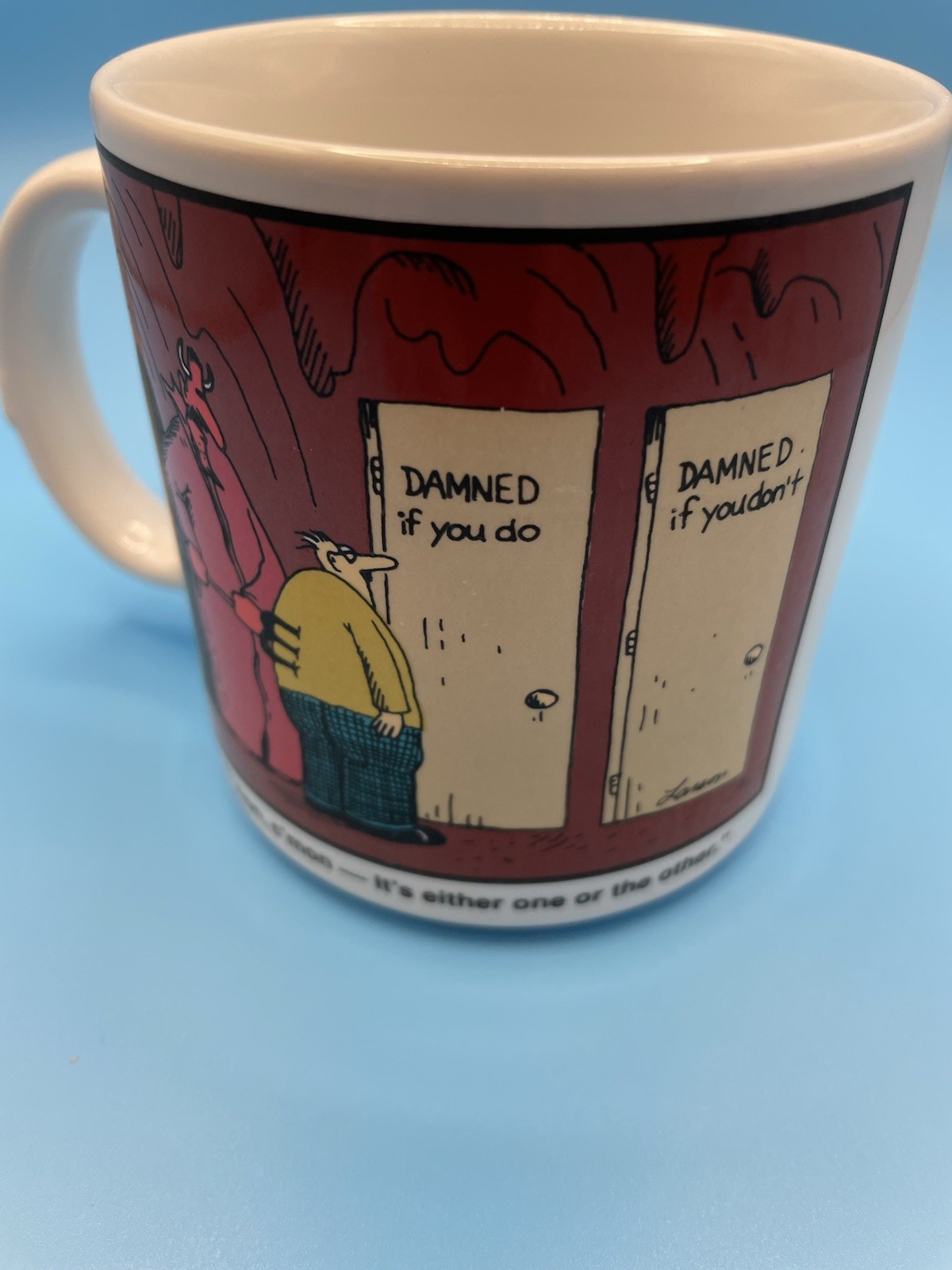 Far Side Gallery “Damned If You Do” Coffee Mug Gary Larson 1985 EUC