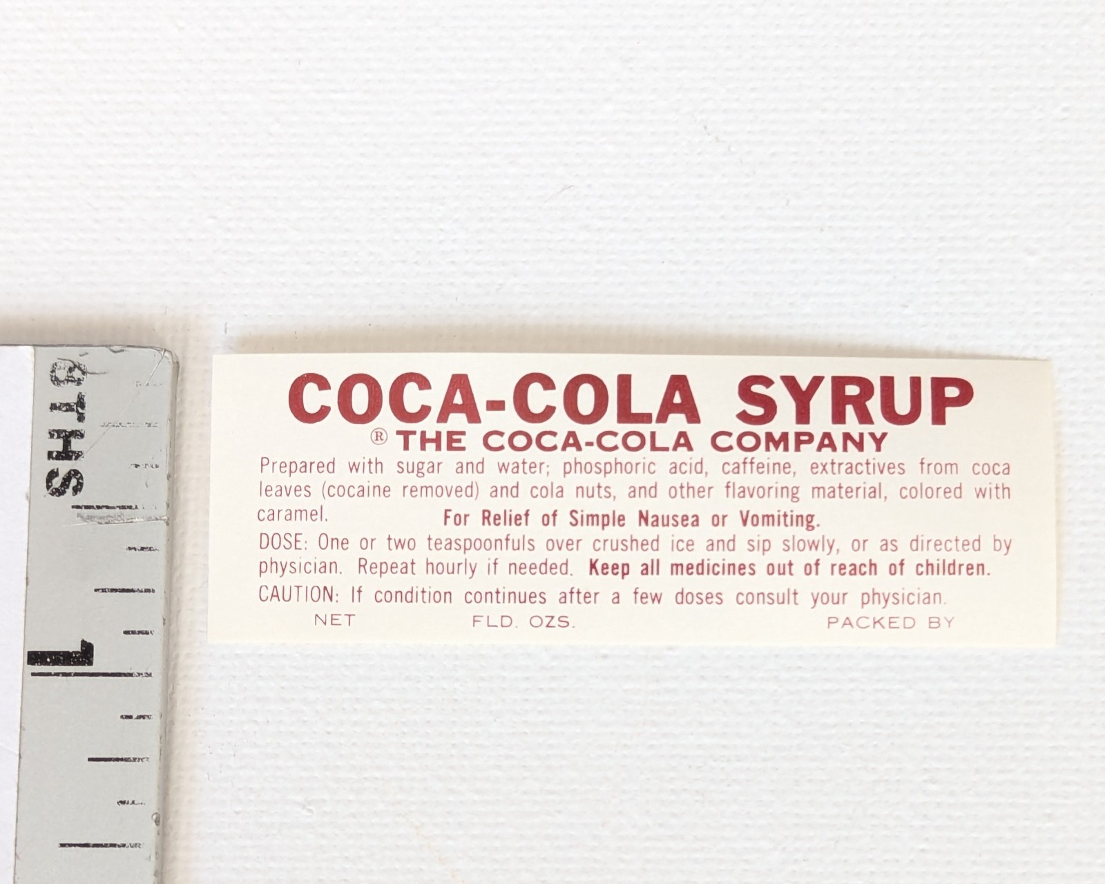 Coca-Cola Syrup Pharmacy Label "cocaine removed" 1950-60's UNUSED Gummed Back