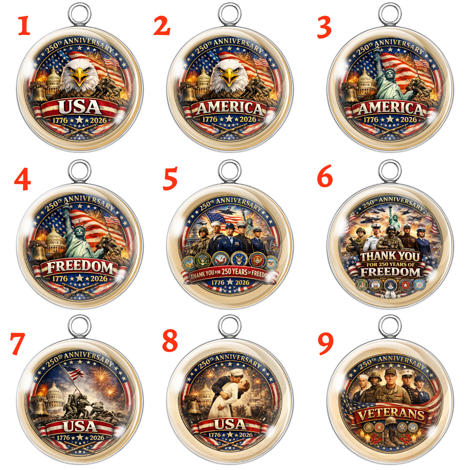 250 Years of Freedom Patriotic Charm | USA 1776–2026 Glass Cabochon | Veterans