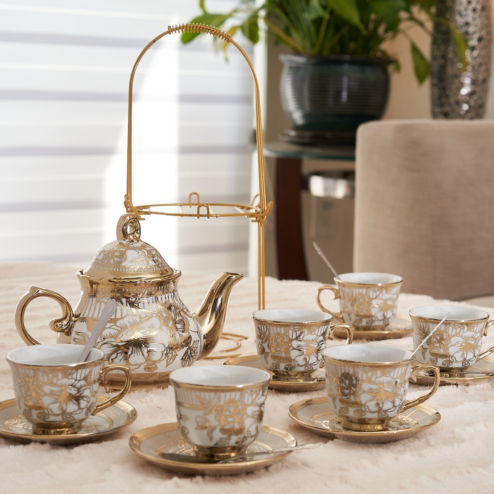 European Style 20pcs Ceramic Coffee Cup & Saucer Set w Rack Spoons GOLD Tea Set