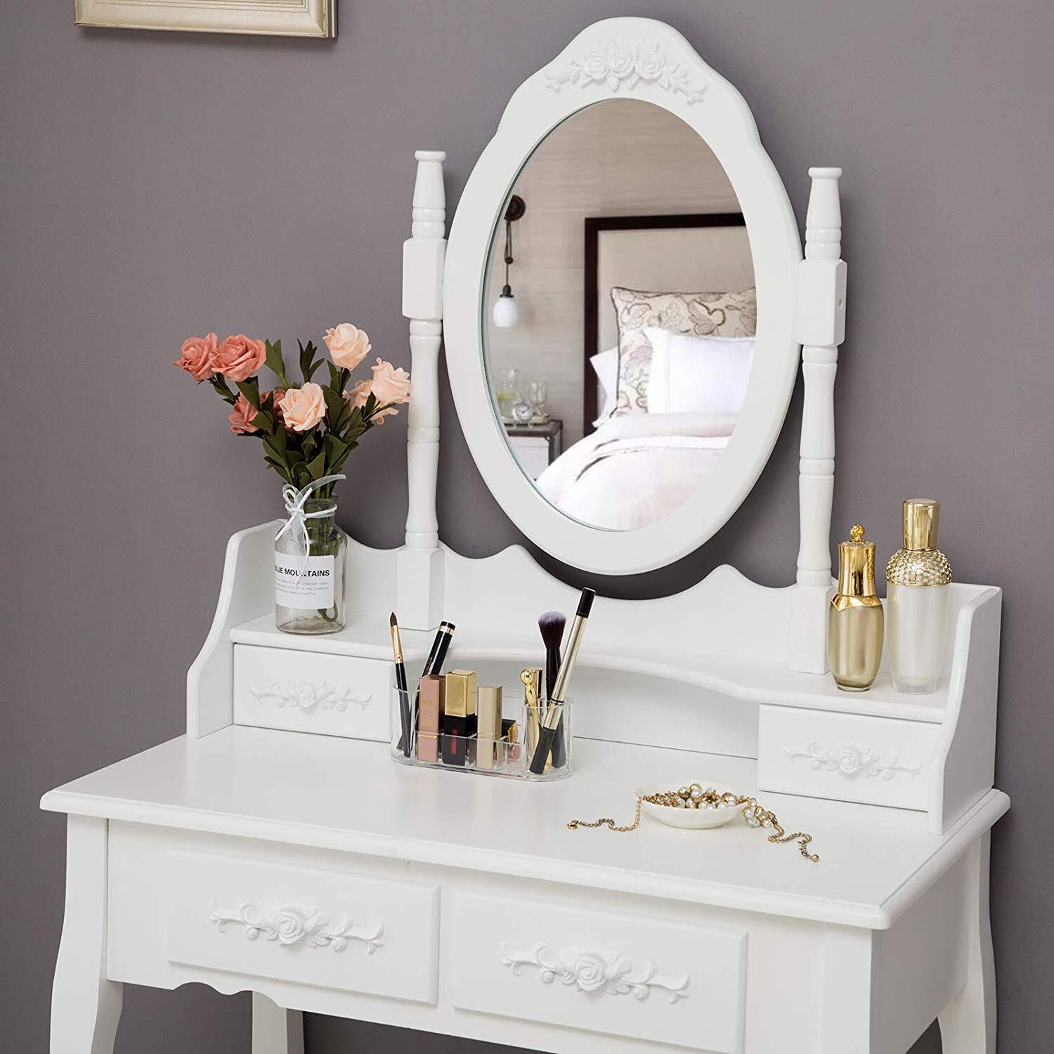 White Vanity Dressing Table Set With Mirror Stool 4 Drawers Makeup Desk Bedroom