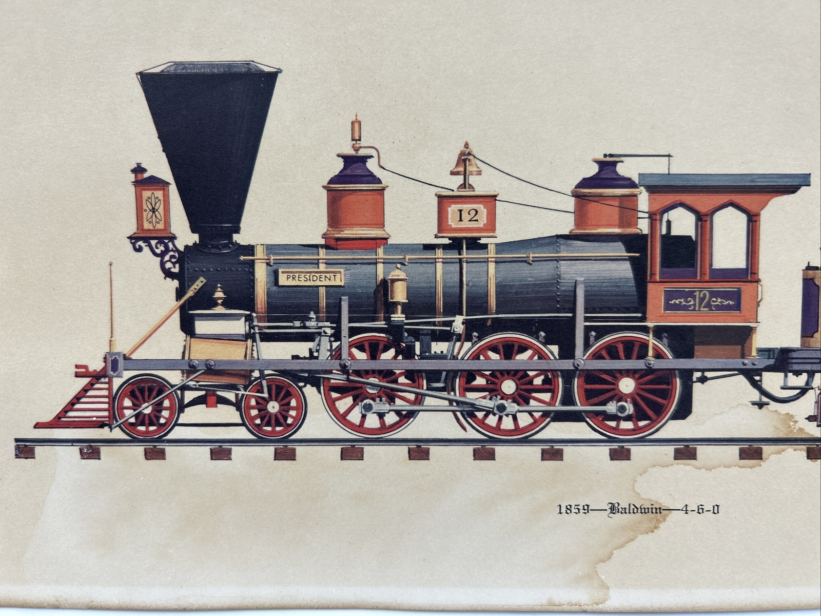Vintage Baldwin Locomotive And Tender 14”x7” Litho 1859 President 10 Wheel 4-6-0