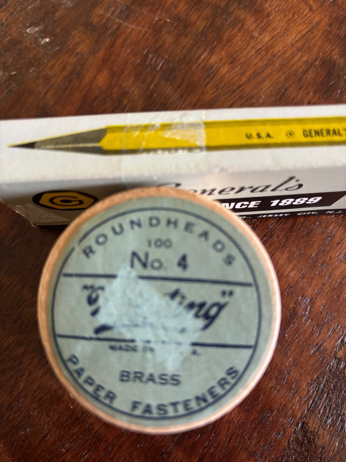 Vintage office supplies VTG brass fasteners gummed hangers pencils made in USA