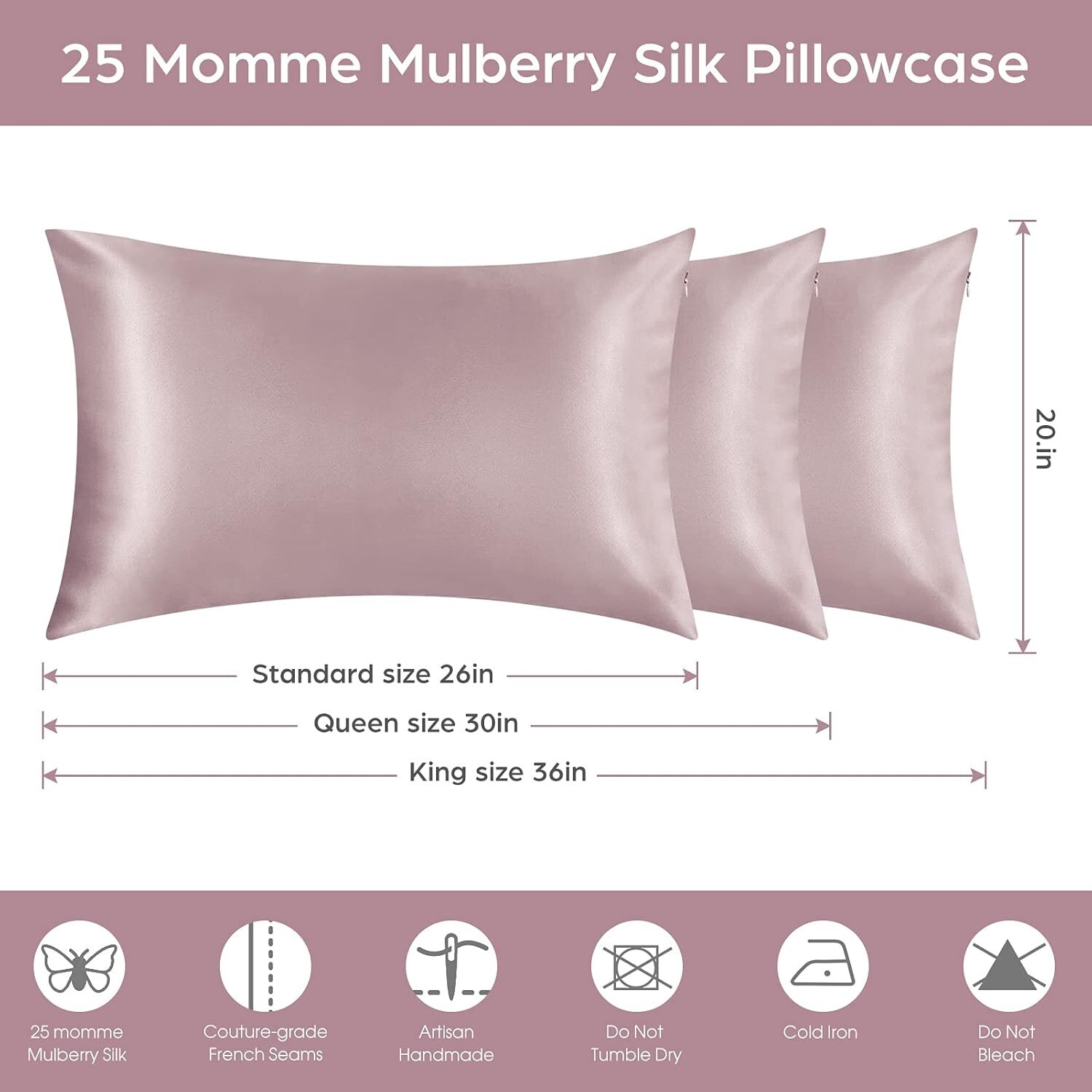 100% Mulberry Silk Pillowcase 25 Momme - Hair & Skin Friendly, Hidden Zipper New