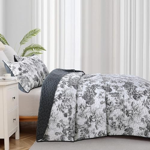 Botanical Quilt Set Size 3 Pieces Toile Floral Plants Printed Queen Black