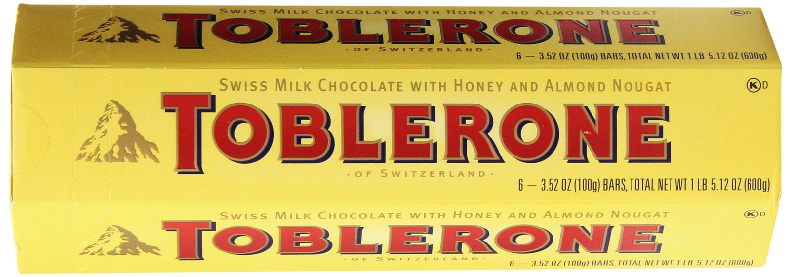 Toblerone Swiss Milk Chocolate with Honey and Almond Nougat, 6 - 100g Bars, Tota