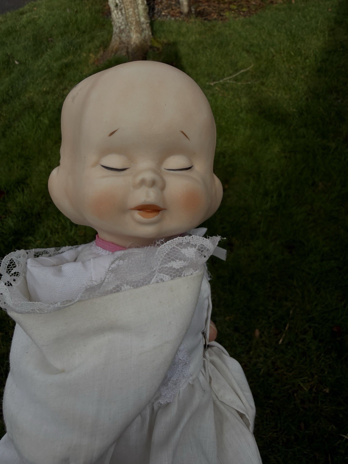 Vintage 13” Three Faced Bisque Porcelain Doll With Bonnet Triple Head Taiwan