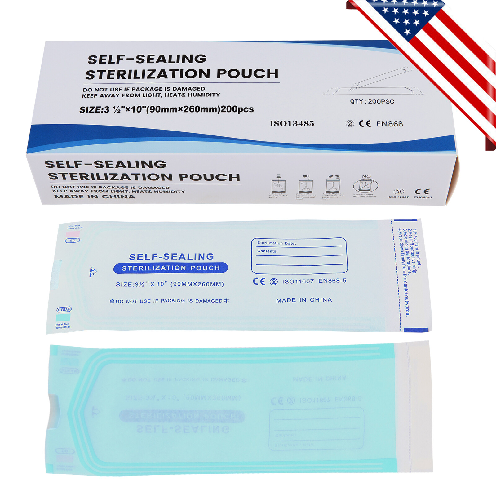 200 pcs 3.5" x 10" Self-Sealing Sterilization Pouches Sterilizer Bags Autoclave