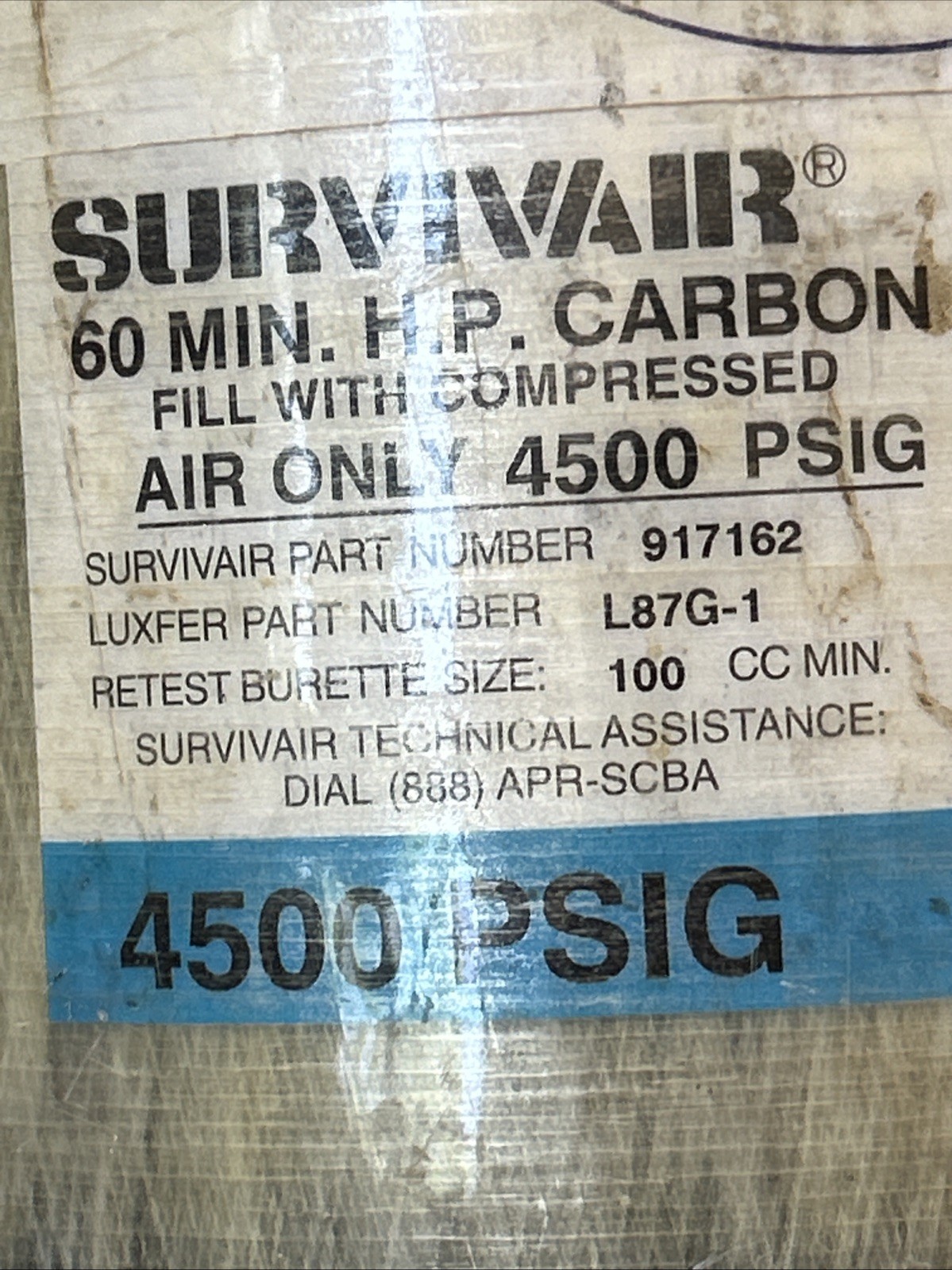 Survivair compressed air tank (EMPTY) 4500PSIG 60Min 917162 L87G-1 USED
