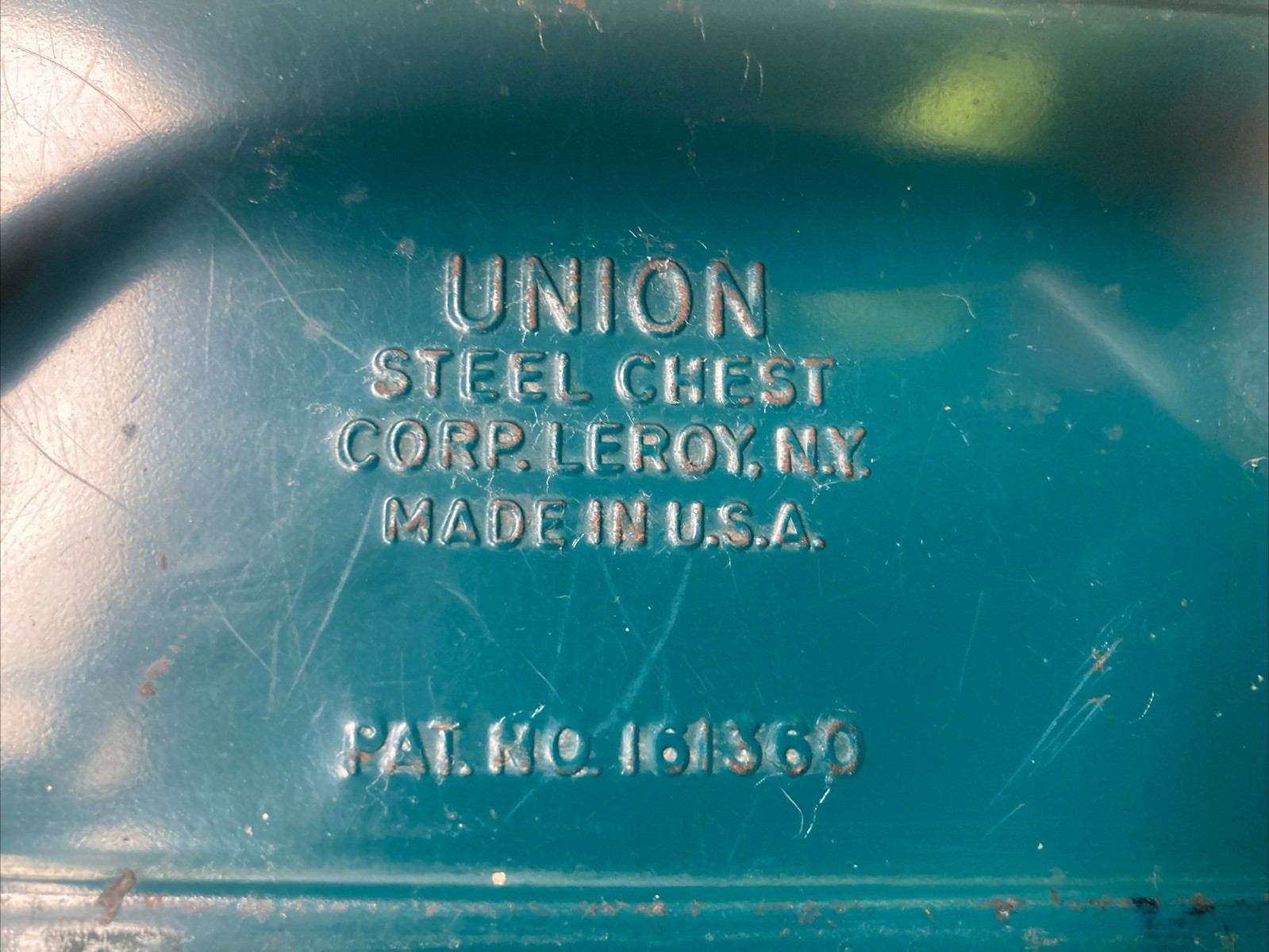 VTG 40’s-60’s Union Steel Chest 5314 Teal White Handle Empty toolbox/tacklebox