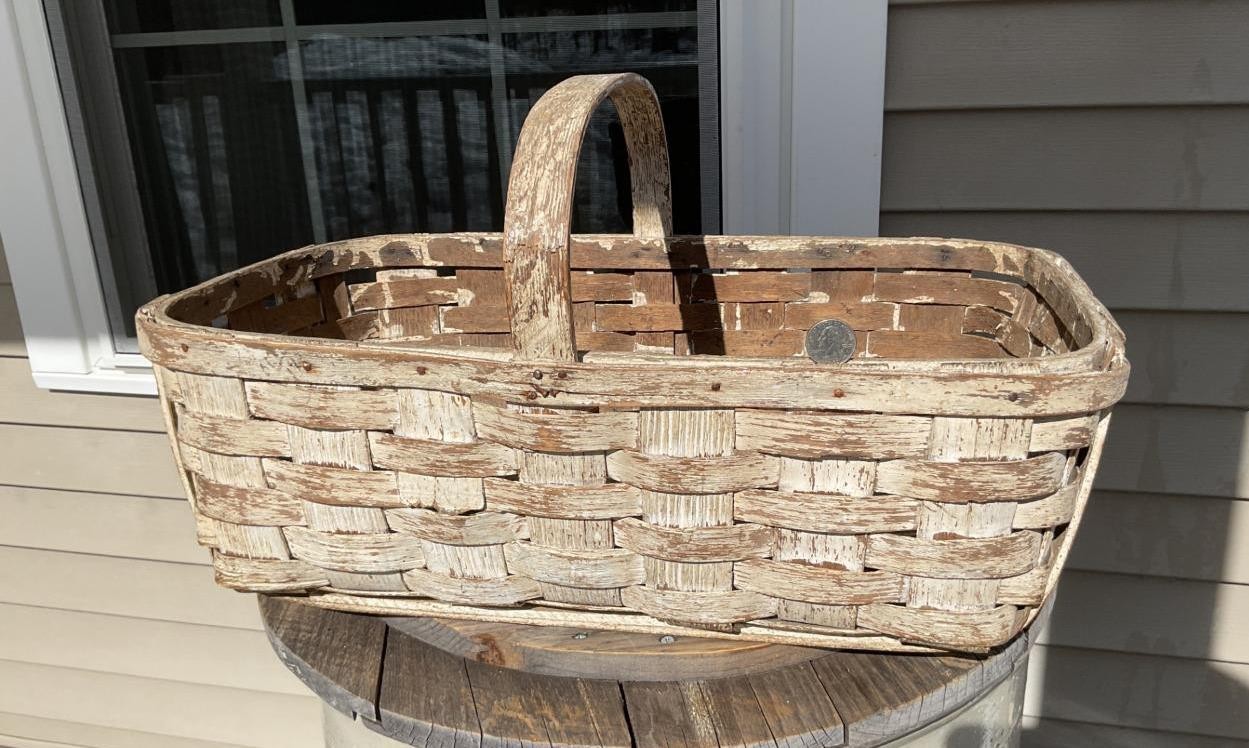 Antique Large Wood Basket Chippy White Rectangular Gather Market Farmhouse 22" L