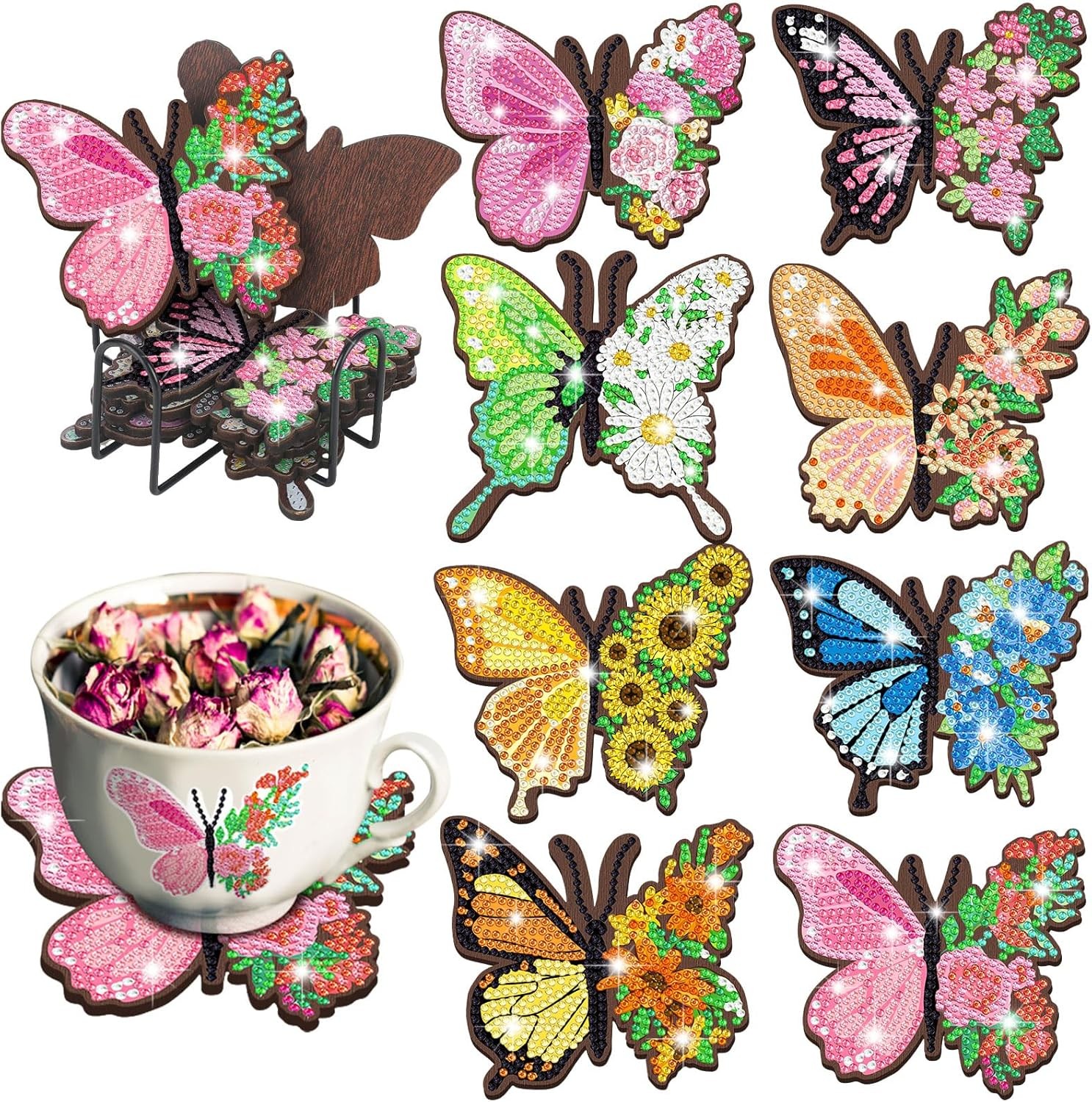 8 Pcs Butterfly Coasters Kit Christmas Diamond Art Coasters Butterfly Shape Diam