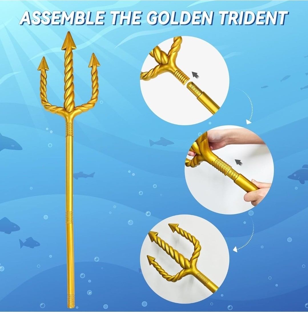 60in Gold Plastic Trident Spear Toy, King Neptune Costume Accessory for Cosplay