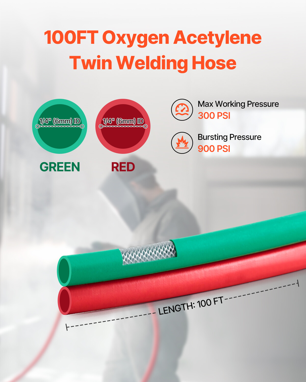 Oxygen Acetylene Hose 1/4-Inch x 100FT T Grade Hose 300PSI Max Working Pressure