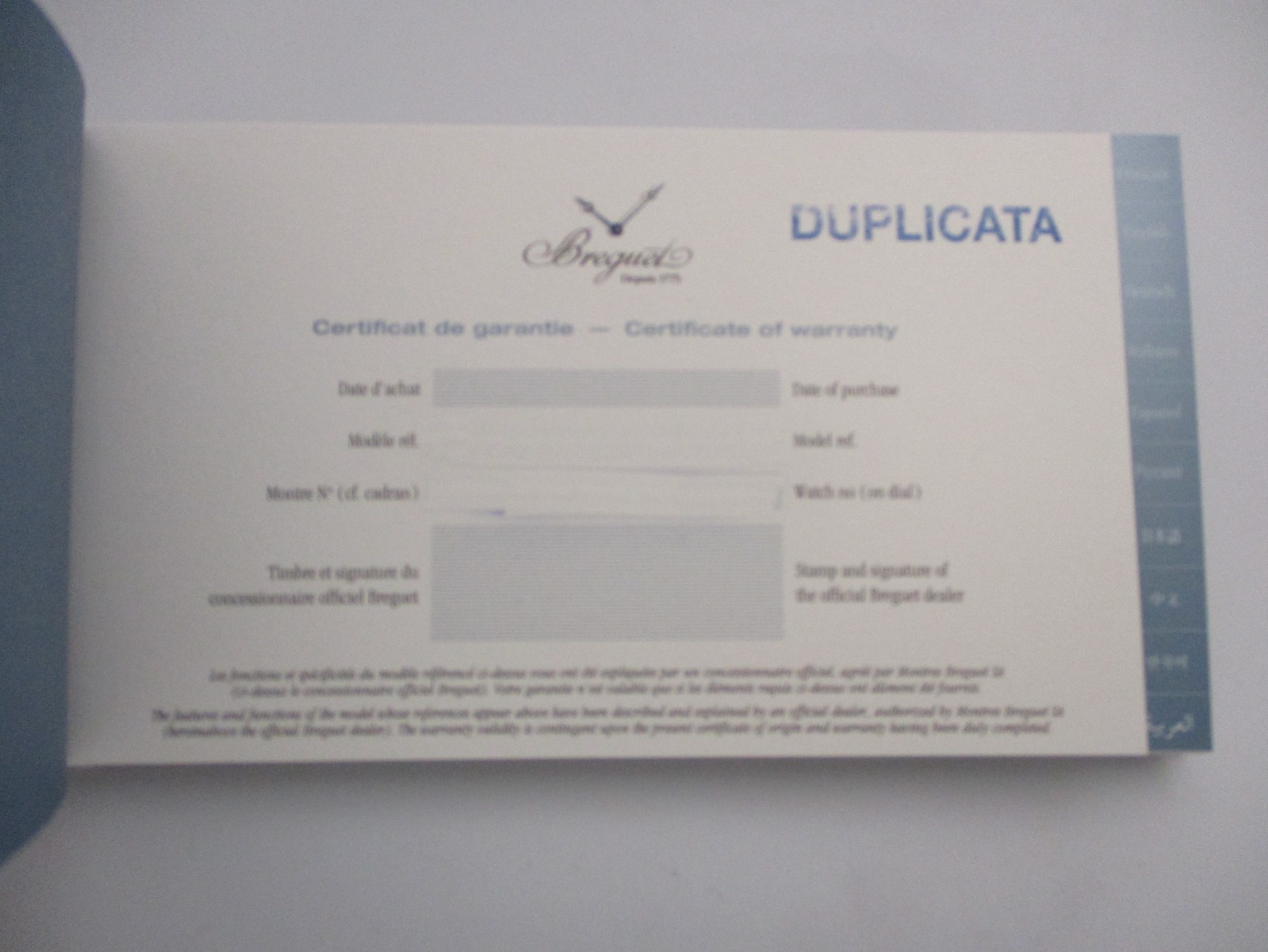 Authentic Breguet Swiss Watch Certificate of Guarantee Warranty Inside of Book